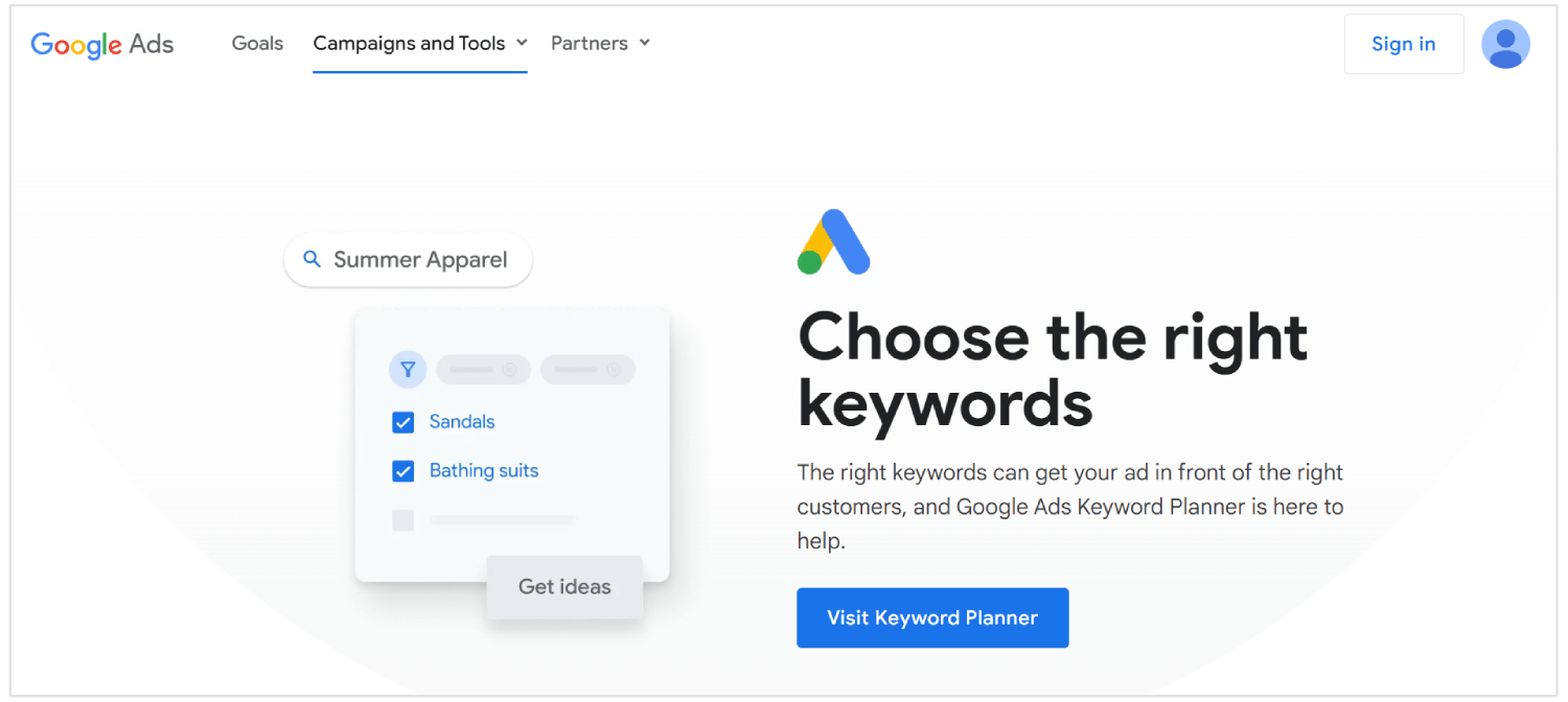 strona główna planisty słów kluczowych Google